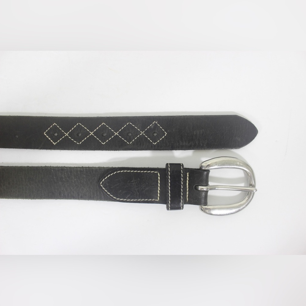 Vintage Distressed Thick Black Leather Belt with White Topstitching Retro Jeans